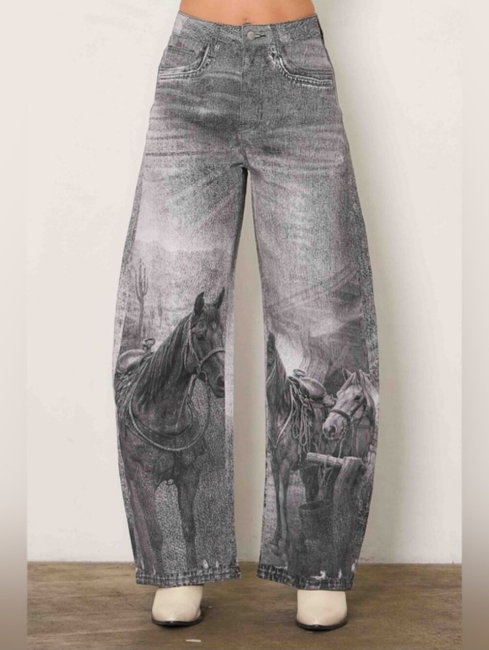 Women’s Gray Wide-Leg Jeans with Horse Print